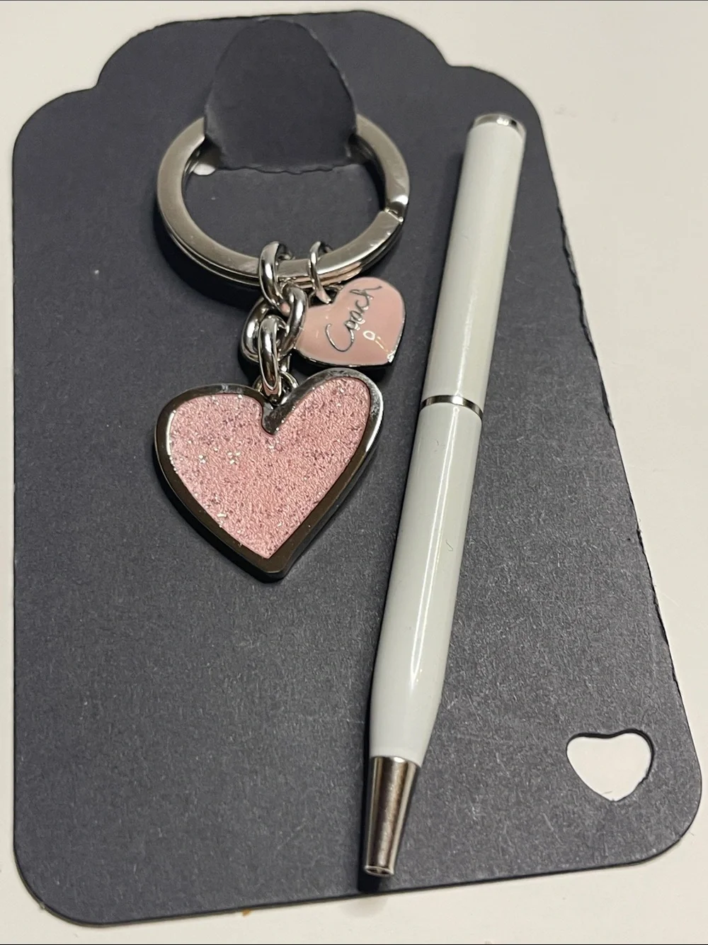 Coach Pink Glitter Heart Keychain with Small Heart Charm and Coach Pen - Picture 6 of 7